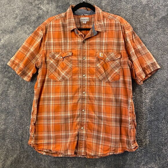 Carhartt Other - Carhartt Pearlsnap Shirt Mens Extra Large Orange Plaid Relaxed Fit Casual Work
